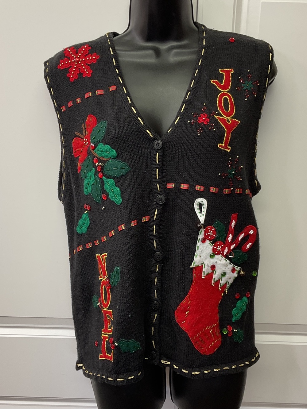 Bobbie Brooks Black Holiday Vest with Red & Green Embellishments size M